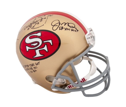 Joe Montana & Dwight Clark Dual Signed 49ers Helmet With "The Catch" Drawn Play & Inscription